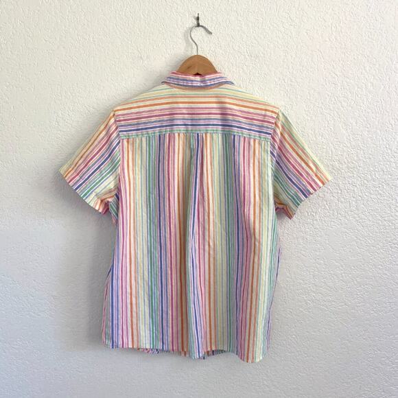 Blair Women's Retro Rainbow Stripe Cotton Button Down Short‎ Sleeve Collared Top - Picture 3 of 5